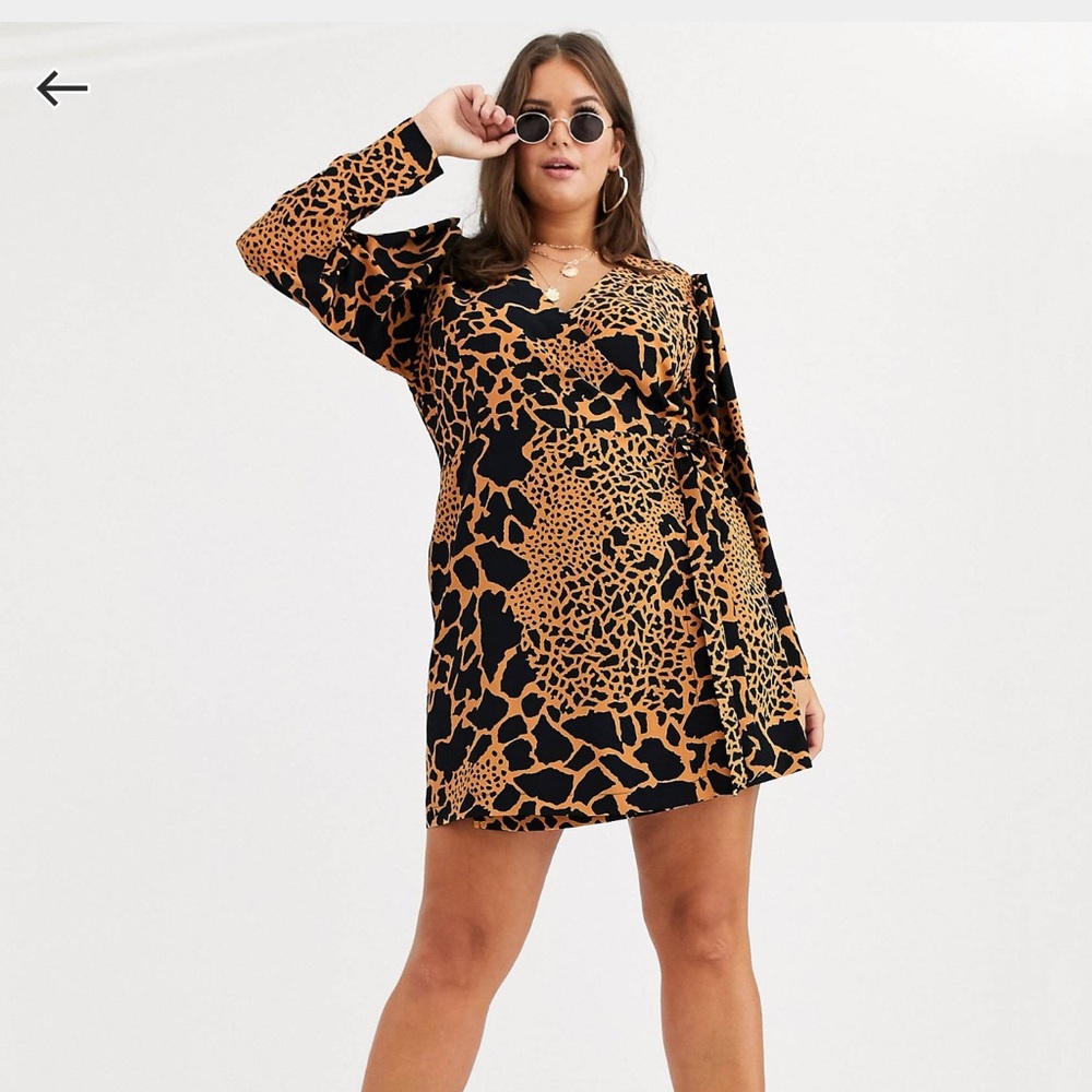 ASOS CURVE wrap mini dress with extreme sleeves in animal print